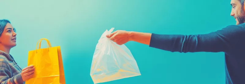 Merchant giving shopping bag to customer across store counter